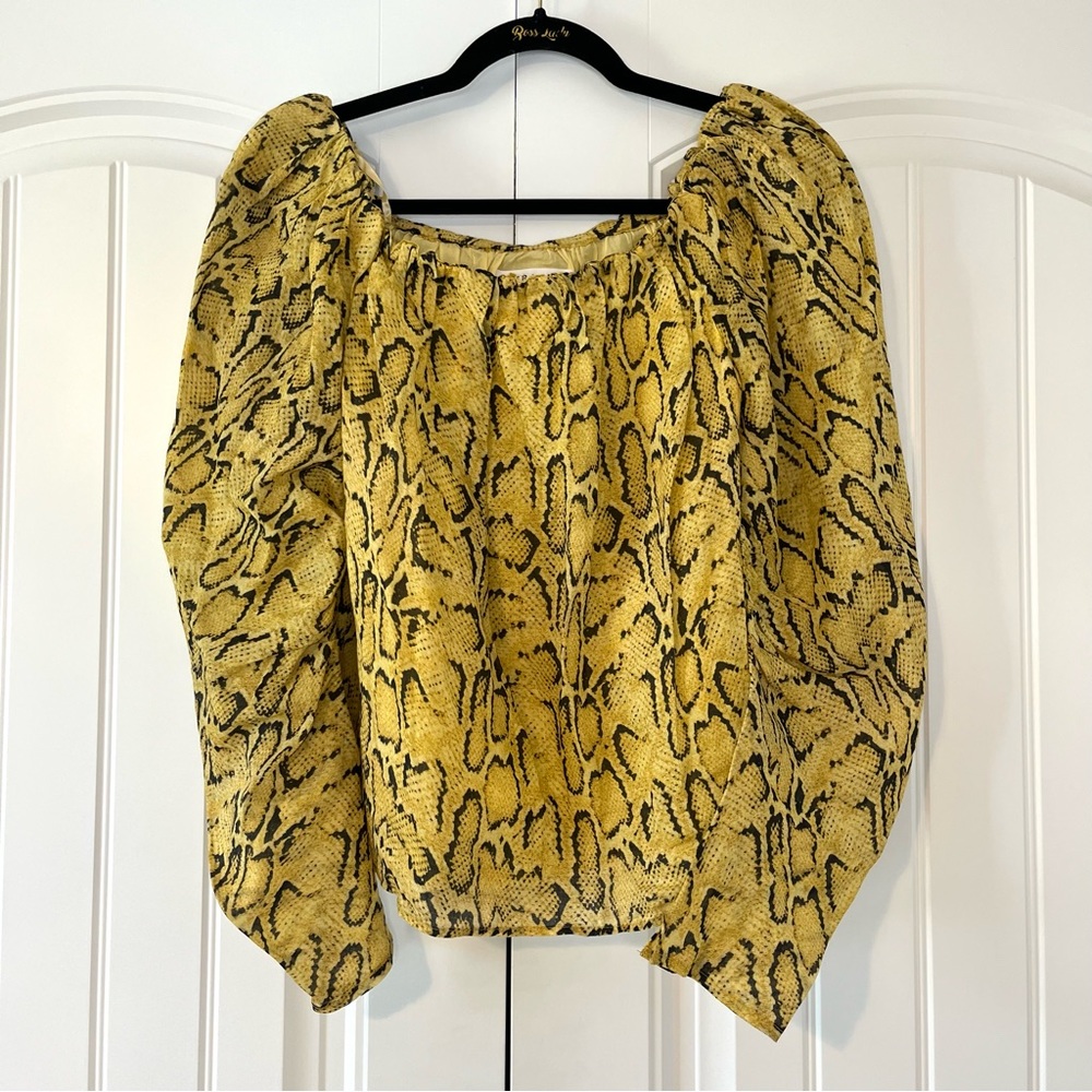 FRAME Off-The-Shoulder Billow Blouse Snake Blouse Top Size Medium Yellow - Picture 4 of 11